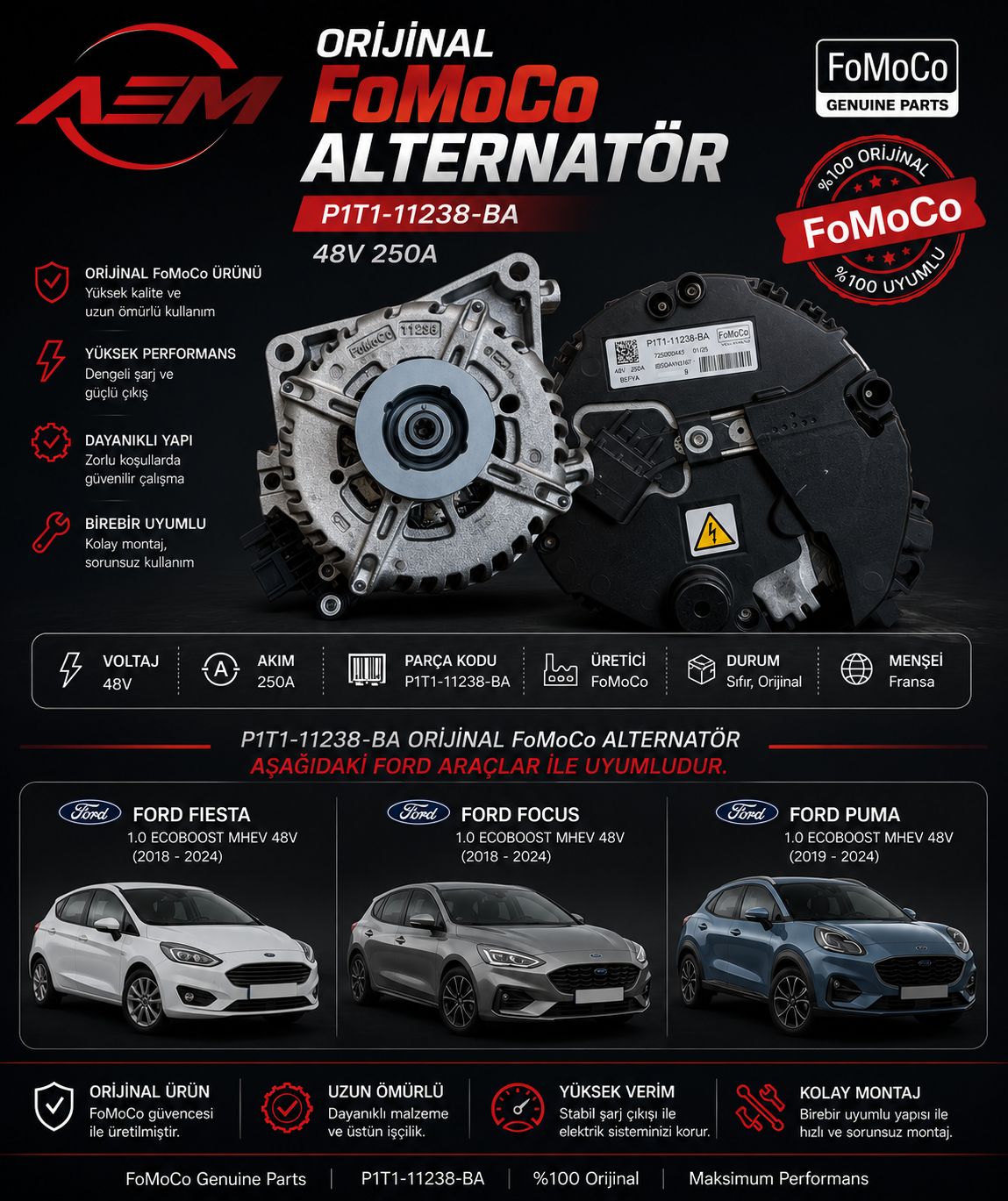 ALTERNATÖR 48V 250A FİESTA FOCUS PUMA 1.0 MHEV